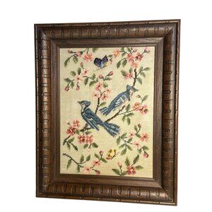 VTG Blue Jay Petit Point Needlepoint Framed Bird Art 17x20 Wall Decor Floral